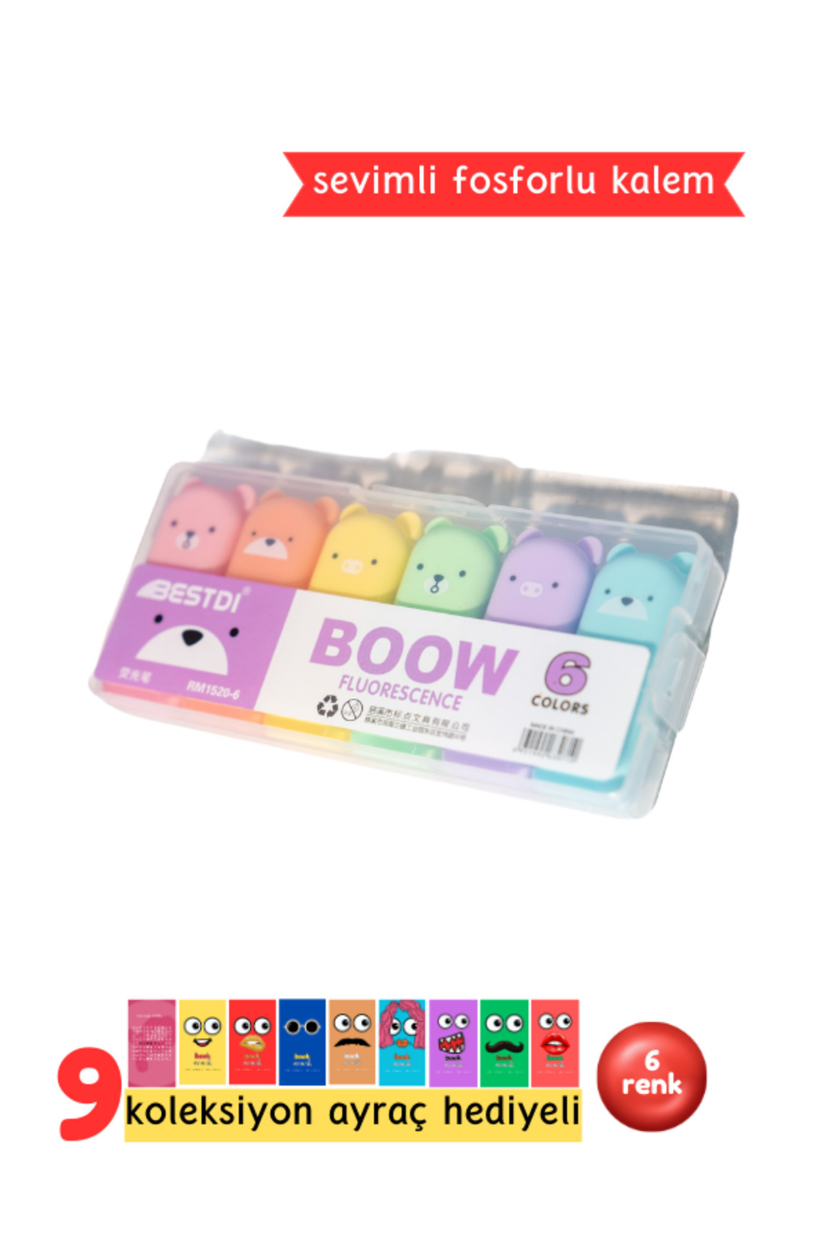 6'lı Ayıcıklı Fosforlu Kalem Kutulu Set - 6 Renk Fosforlu Kalem (Çok Renkli)