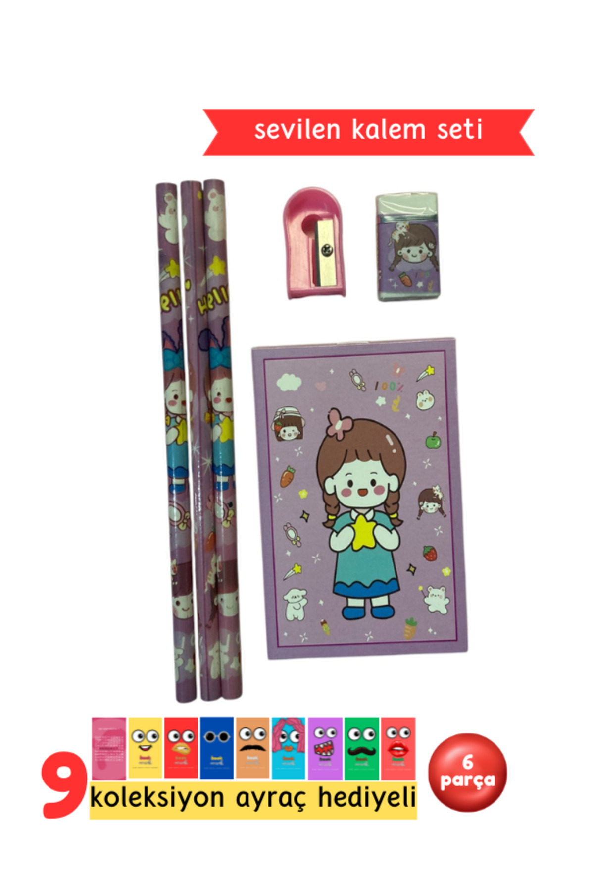 Mor Kalem Seti - Sevimli Kırtasiye Seti (Mor)